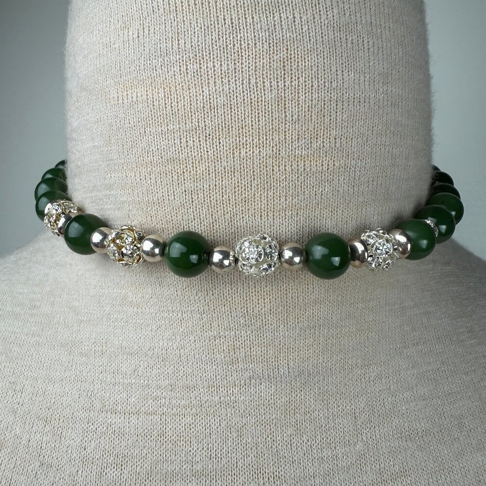 Alexander Kalifano Green Glass Bead Crystal Rhinestone Necklace 16"